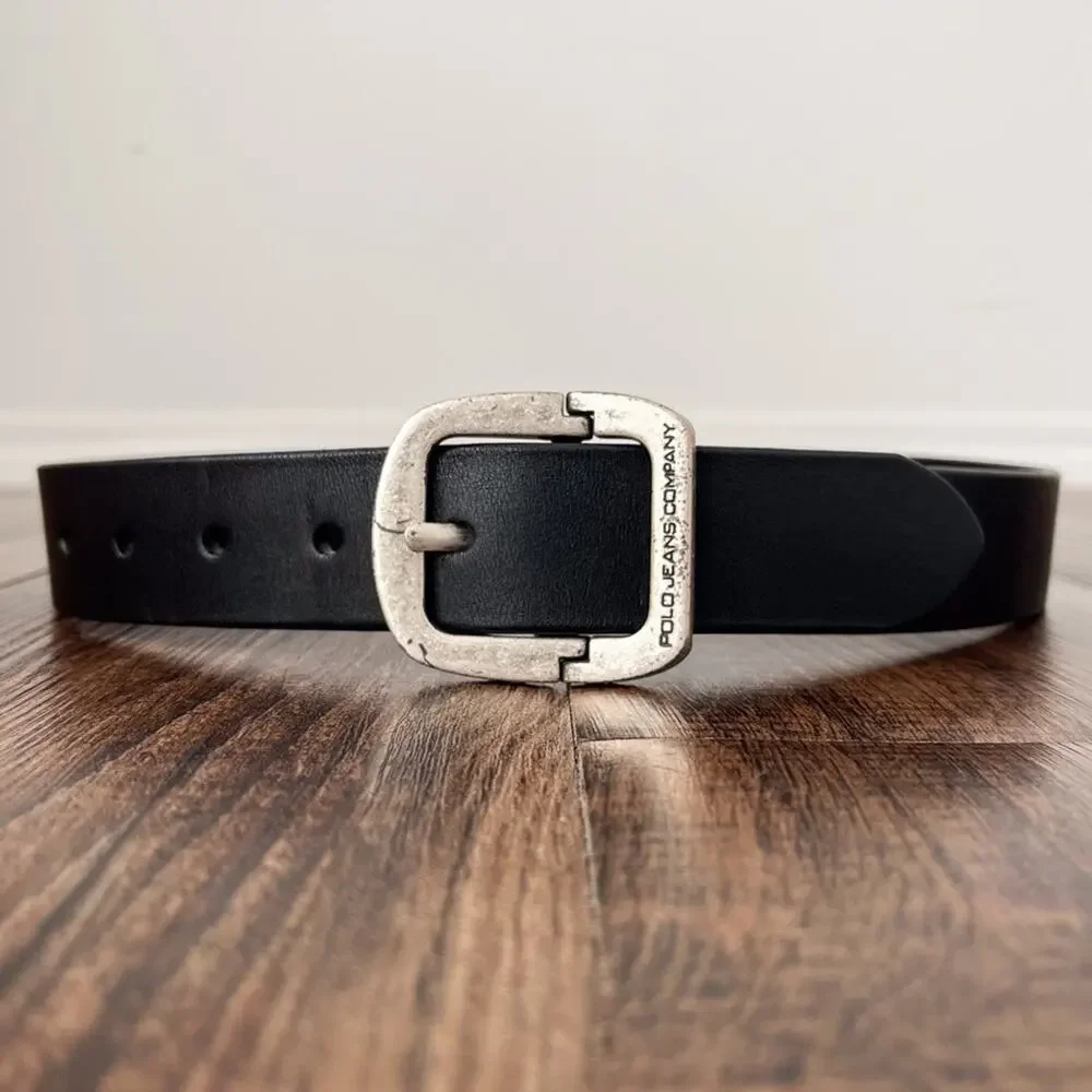 VTG Ralph Lauren Polo Leather Belt Y2K Hinge Buckle Edgy Womens Size Small Black